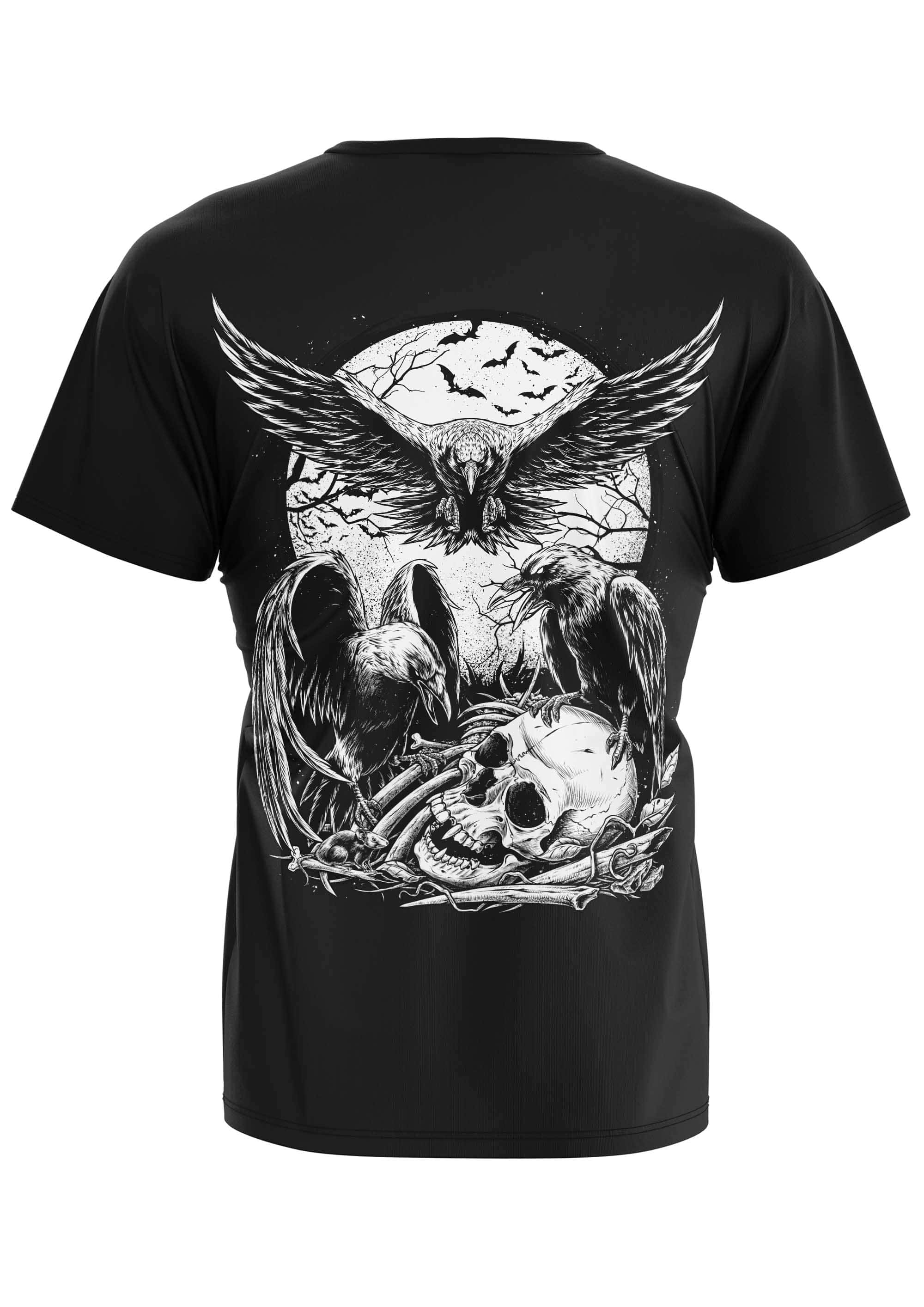 Schwarzes gothic shirt mit kurzem arm und detailliertem weißen horror-motiv aus raben, eule und schädel vor vollem mond auf der rückseite